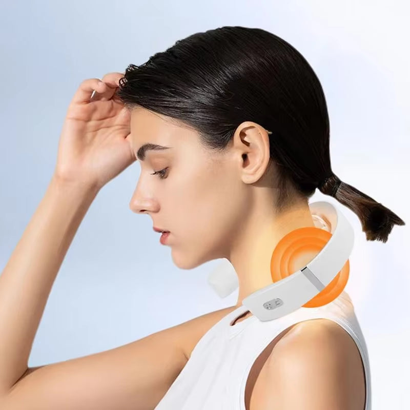 Electric Neck Massager - USB Rechargeable Portable Cervical Massage Device for Travel and Work - Sleek White Design